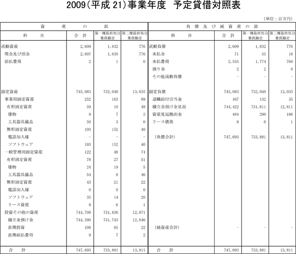 2009（平成21）事業年度　予定貸借対照表
