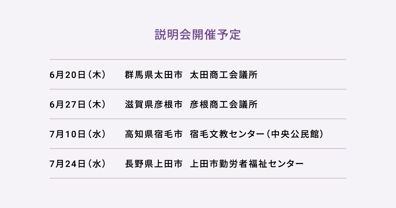 説明会開催予定 6月20日（木） 群馬県太田市  太田商工会議所 6月27日（木） 滋賀県彦根市  彦根商工会議所 7月10日（水） 高知県宿毛市  宿毛文教センター（中央公民館） 7月24日（水） 長野県上田市  上田市勤労者福祉センター